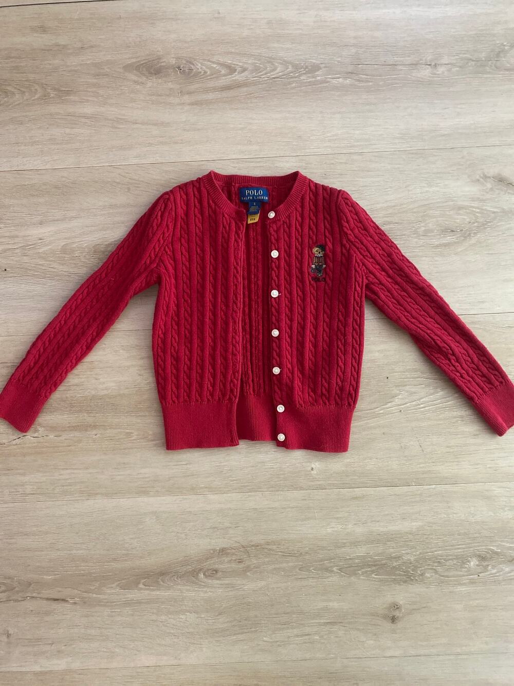 Polo Ralph Lauren cable knit cardigan girls size 6 red cotton bear logo